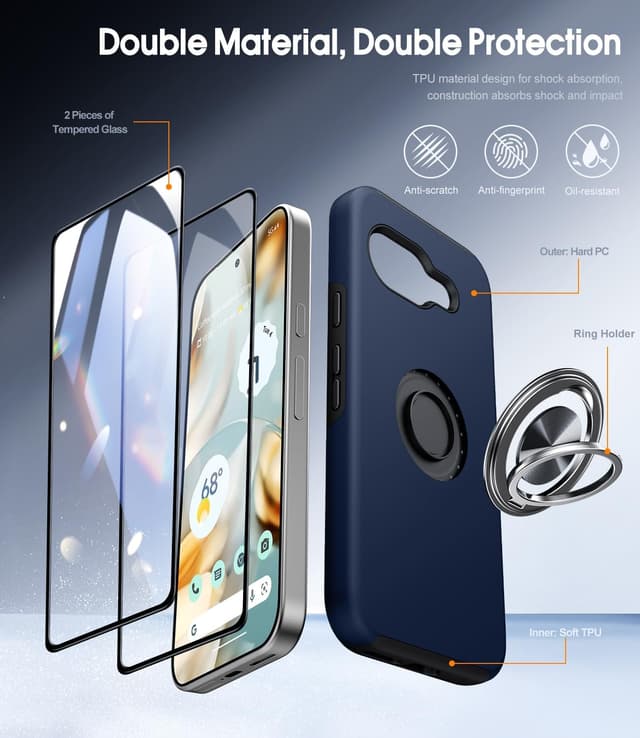 Detalle de AOUIA case for Google Pixel 9A (6.3) in Midnight Blue with 2-pack screen protectors and 360° rotating metal ring stand