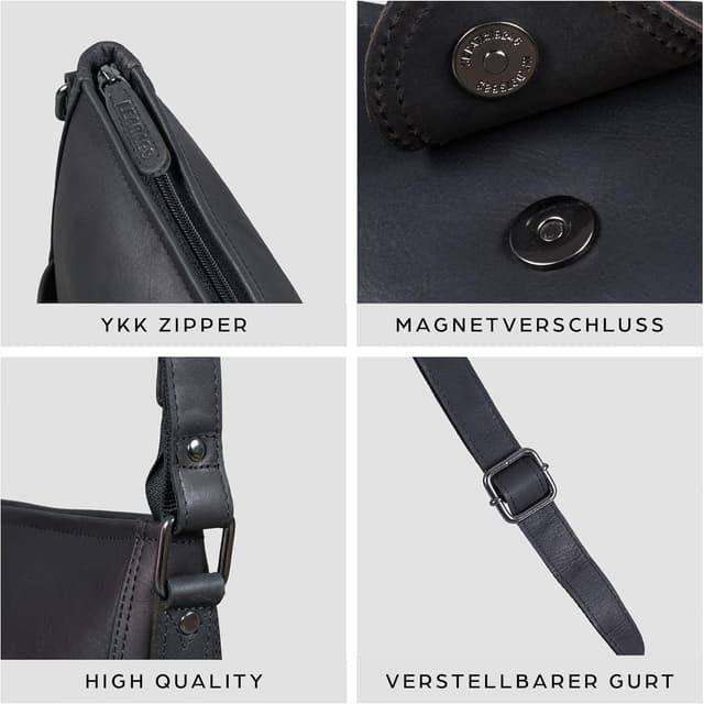 Detalle 2 de LEABAGS Damen Leder-Handtasche HERAUSRAGENDE Qualität aus echtem Leder – Umhängetasche für Arbeit, Uni, Schule