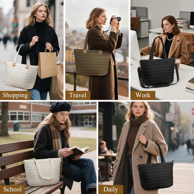 Thumbnail 6 de Mabecol Sac Cabas Shopper matelassé grand format avec bandoulière ajustable (ordinateur 15,6")