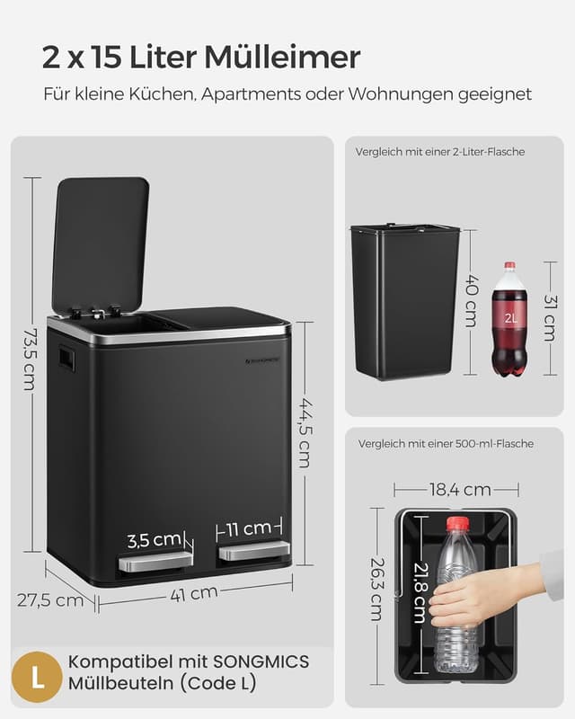 Thumbnail 6 de SONGMICS Mülleimer Küche 2x15 Liter, LTB30BK