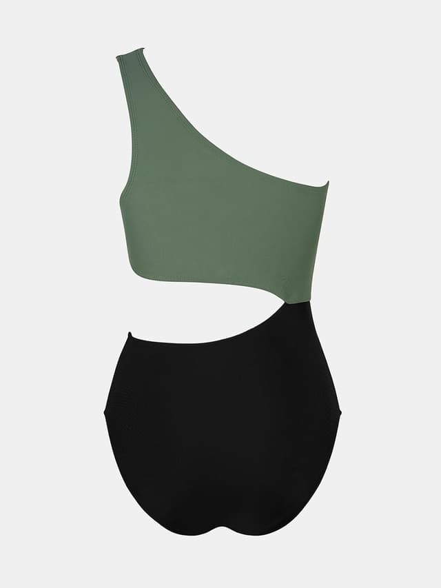 Detalle de CUPSHE Costume da bagno intero da donna monospalla color block con ritaglio laterale increspato