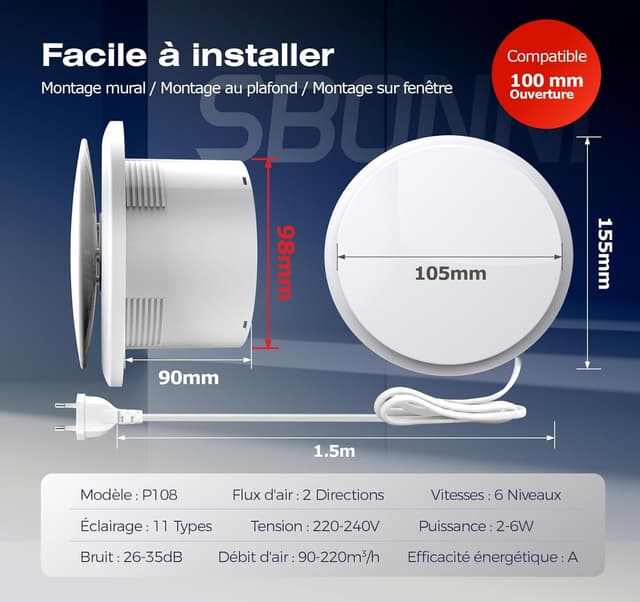 Thumbnail 6 de SBONNI Extracteur d'Air 100mm 90–220 m³/h 📢