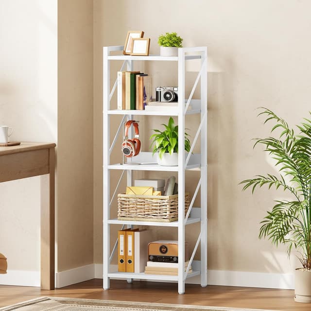 Detalle de HOOBRO scaffale angolare a 5 ripiani EWW73SJ01 in metallo e truciolato, libreria moderna da muro (bianco)