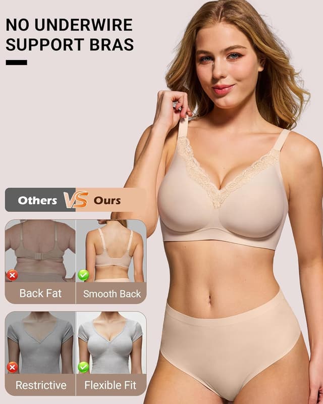 Detalle de HORISUN Wireless No Underwire Bra for Women (V-Neck Lace Trim Jelly Support) – Convertible U-Back & Racerback