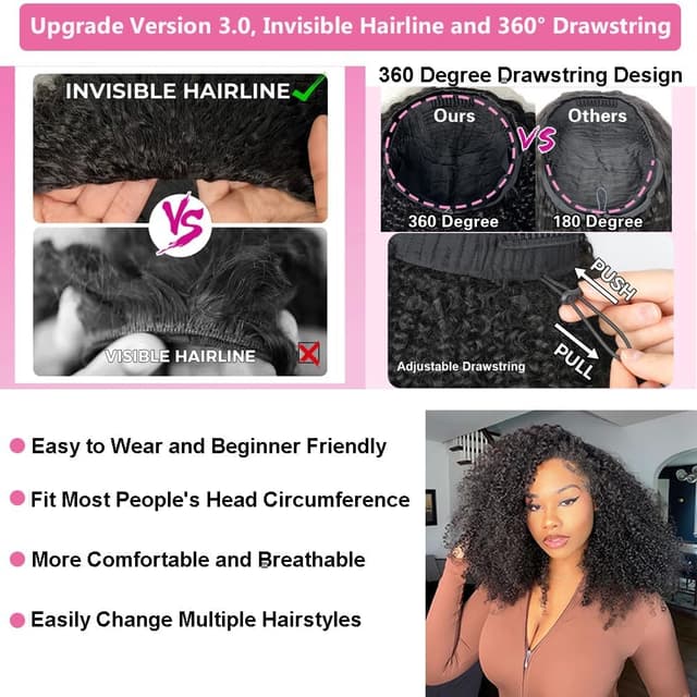 Detalle 2 de virginess Kinky Curly Half Wig (Human Hair) 16 Inch — glueless “wear go” flip headband half wig with drawstring