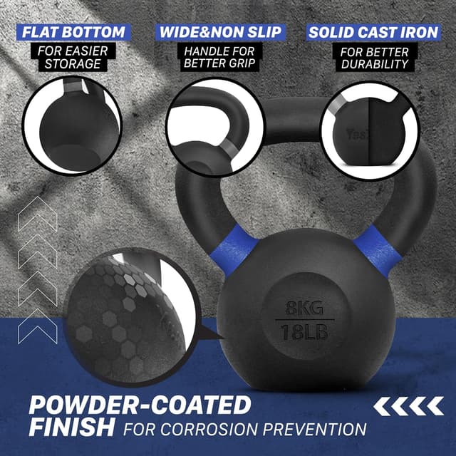 Detalle de Yes4All powder coated cast iron kettlebell set (4–32kg) for home gym training