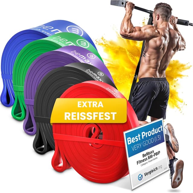 Detalle de Fitnessband Pull Up Resistance Band – Klimmzughilfe mit Trainings-E-Book (5 Bänder im Set)