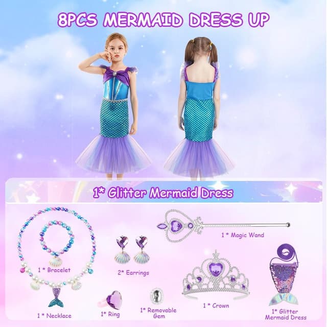 Detalle de AYBUY Vestito Sirenetta Bambina con corona, scettro e gioielli: costume da principessa sirena per Halloween, Natale e compleanno