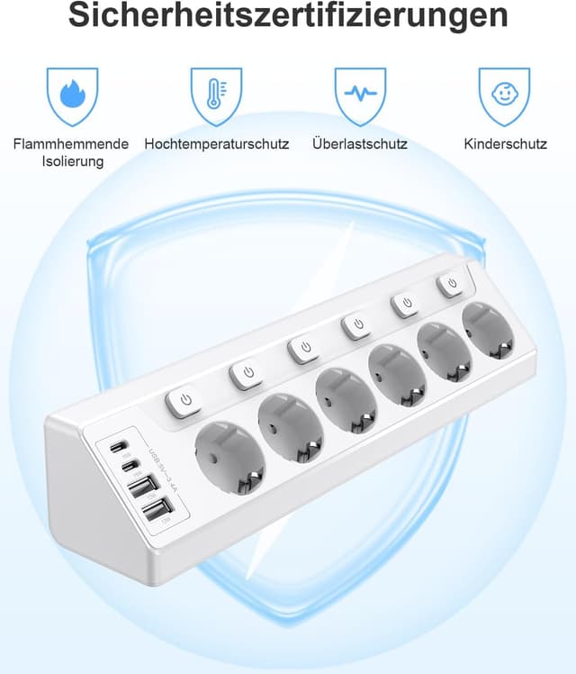 Detalle de Vipwell Ecksteckdosenleiste 3680W, 6âFach + 4 USB (2xC) đ