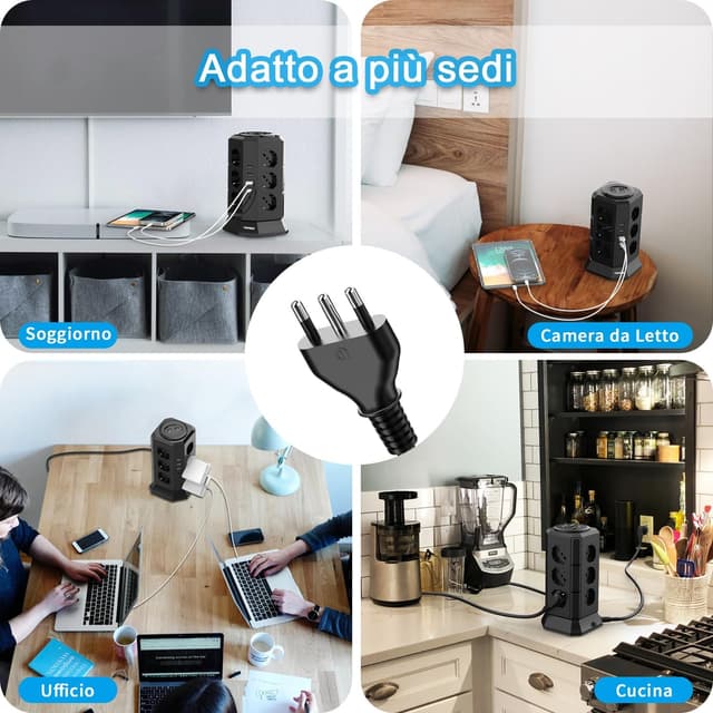 Thumbnail 6 de TOPREK Ciabatta Multipresa Verticale con 12 prese ITA 10/16A, Schuko e 5 porte USB (2 USB-C 20W PD + 3 USB-A) con cavo 2 m