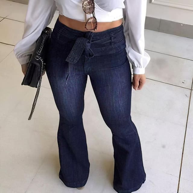 Detalle de KDF High-Waisted Flare Jeans for Women with Removable Belt (Stretch Wide-Leg Bell Bottoms)