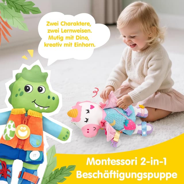 Detalle 2 de hahaland Montessori Doppelpuppe Dino-Einhorn mit 15 Alltagsfähigkeiten (ab 1 Jahr)