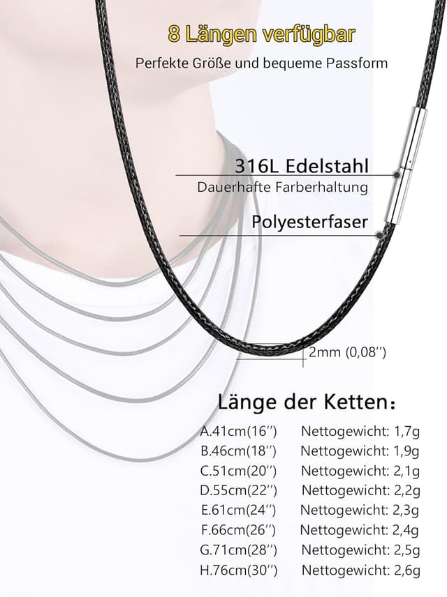 Detalle de PROSTEEL Kordelkette mit Edelstahlverschluss (2 mm) – schwarze Kette in Längen von 41 bis 76 cm, unisex