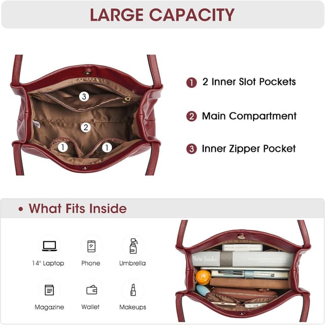 Detalle 1 de Kattee Soft Genuine Leather Tote Hobo Shoulder Bag (Large) with Magnetic Snap Closure