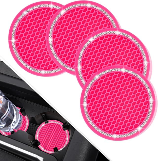 Detalle de COCASES Car Coasters (4-Pack) 2.75" Silicone Rhinestone Cup Holder Coasters – Hot Pink & White Crystal Circle