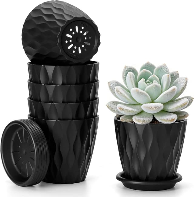 Detalle de Romon set di 6 vasi in plastica da interno/esterno da 10 cm con fori di drenaggio e sottovaso rimovibile, nero