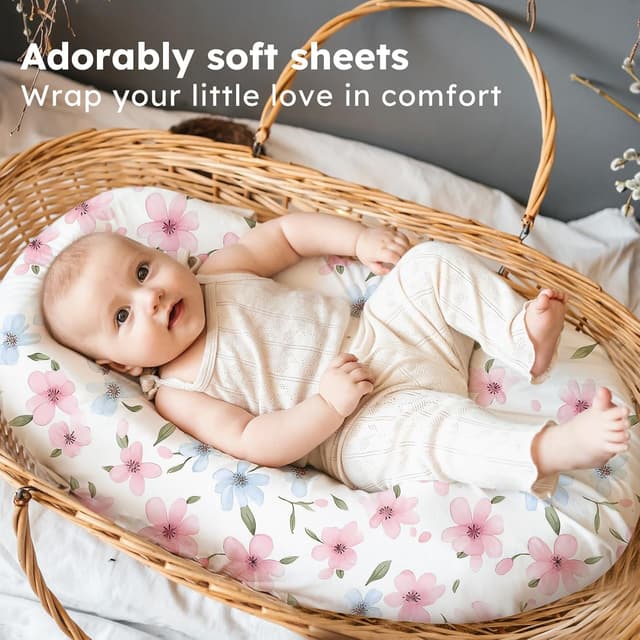 Detalle de FIEMOL Baby Moses Basket Sheets (3 Pack) – 81x41 cm fitted pram sheets in pink butterfly print