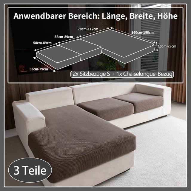 Detalle de OHSIO Stretch Sofa Sitzkissenbezug – rutschfester, waschbarer Couch-Überzug in Braun (2 Sitzbezüge S + 1 Chaiselongue-Bezug)