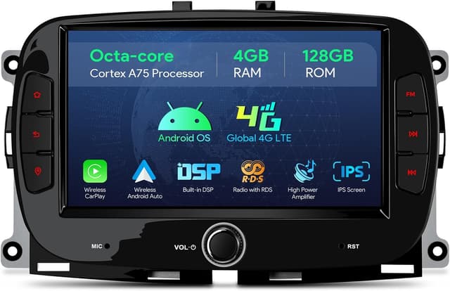 Detalle de XTRONS 7-inch car stereo for Fiat/Abarth 500 (2016–2020), Octa‑Core 4GB+128GB with GPS, CarPlay/Android Auto and 4G LTE