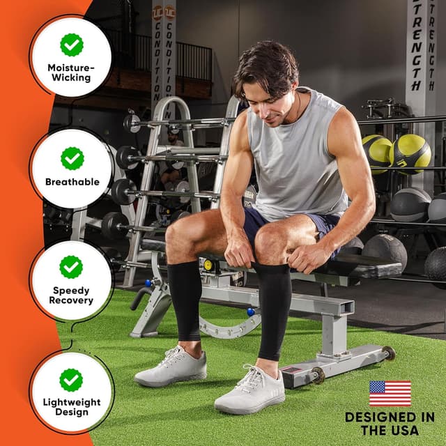 Detalle de PhysFlex Calf Compression Sleeves (Black, Medium) — Footless leg sleeves for swelling, shin splints, nursing & pregnancy (1 pair)