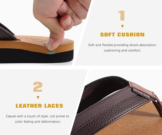Detalle 2 de KuaiLu men’s leather flip flops with arch support, cushioned yoga foam and non-slip wide fit