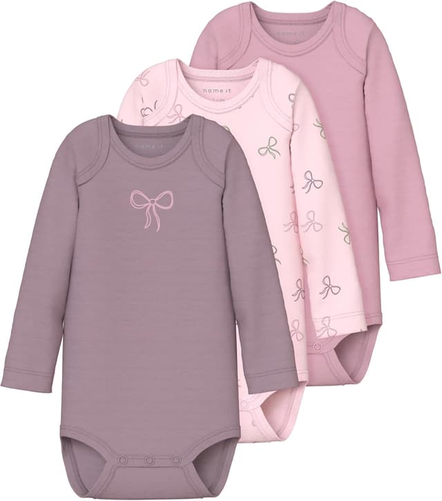 Detalle de NAME IT Nbfbody 3P Ls Barely Pink Bow Noos – Lot de 3 bodys à manches longues