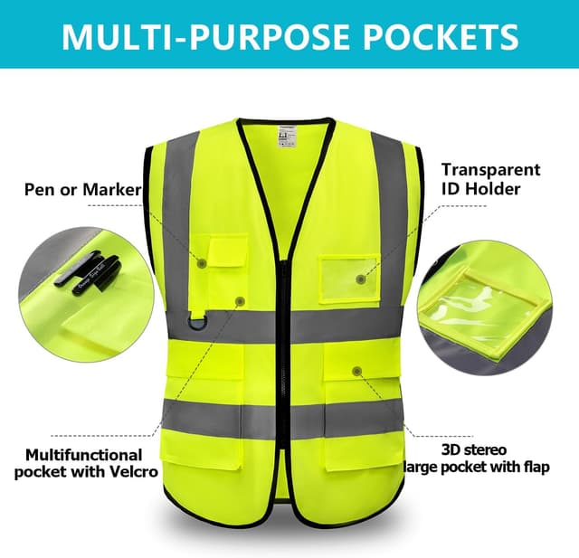 Detalle de YUANVEST Hi-Vis Vest for Men & Women with 2-inch Reflective Strips and 5 Pockets
