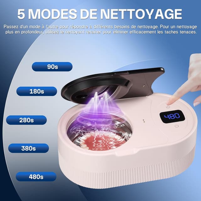 Detalle 2 de Nettoyeur ultrasons 45 kHz avec bac 200 ml, 5 modes et lampes U-V 24 W pour prothèses et protections buccales