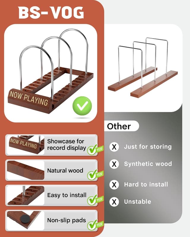 Detalle 2 de BS-VOG Now Playing Vinyl Record Stand (50 LP) – wood spinning record holder with non-slip grooves