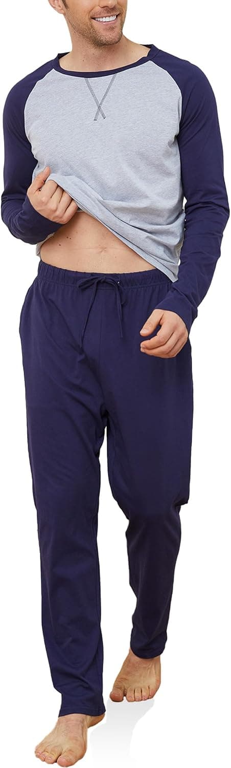 Detalle 2 de Reliwel Herren-Schlafanzug aus Baumwolle (zweiteilig) mit Raglan-Langarmshirt & Schlafhose mit Tasche