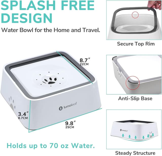 Detalle 2 de LumoLeaf Dog Water Bowl (70oz/2L) – non-spill slow-feeder with replacement filter for travel