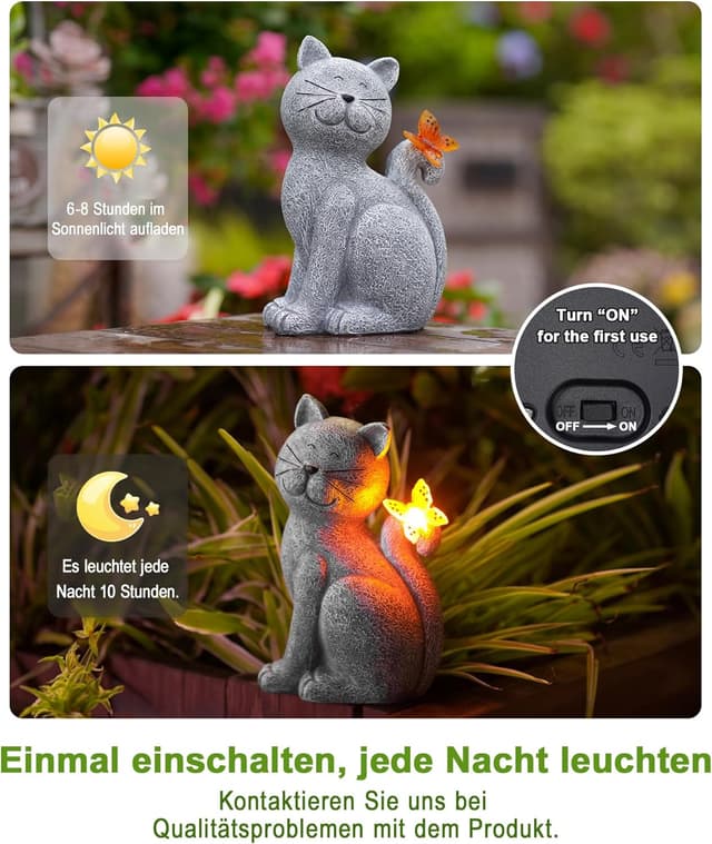Detalle de Yeomoo Katzenfigur mit Solar-Schmetterling aus Harz – Deko für Balkon, Garten & Wohnzimmer (grau)