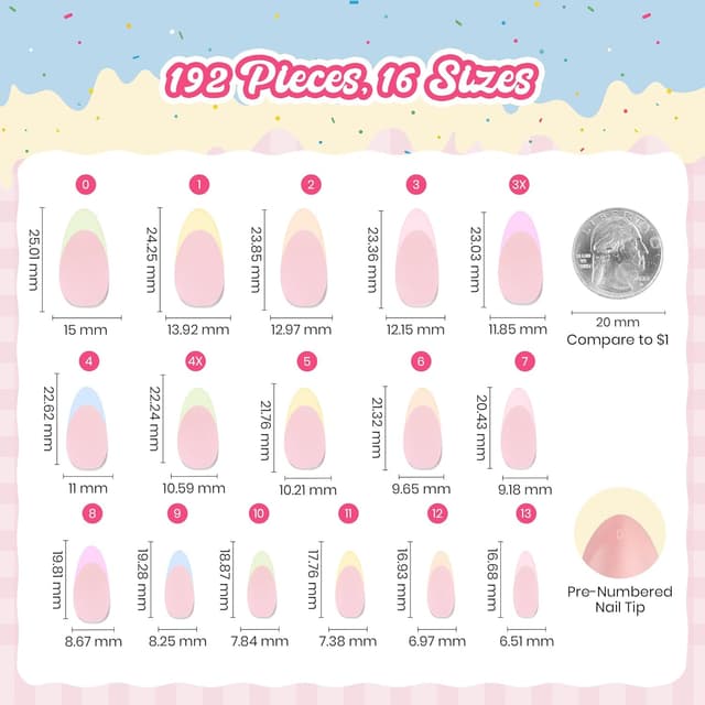 Detalle de Beetles French Tips Press On Nails (Pastel Spring, Medium Almond) — 192-Piece Set with Labeled Tip Sizes