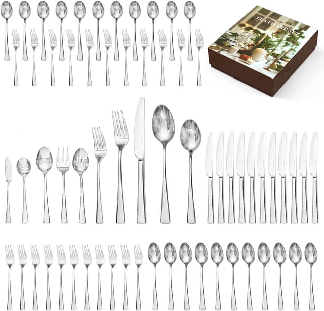 Detalle de KINGSTONE 65-Piece 18/10 Stainless Steel Silverware Set for 12 (Dishwasher Safe, Mirror Finish)