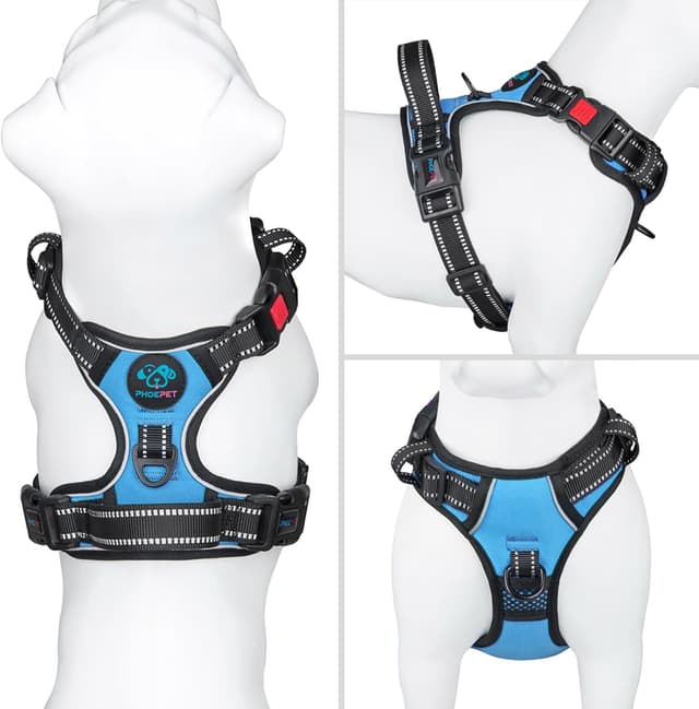 Detalle 2 de PHOEPET No Pull Dog Harness with Neck Buckle, Reflective Strips and Grab Handle (Blue, M)