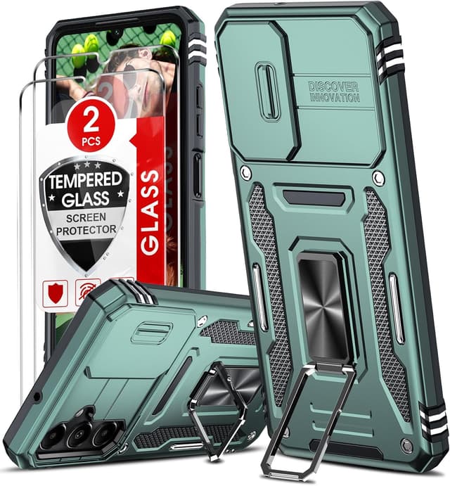 Detalle de LeYi Samsung Galaxy A05S phone case with sliding camera lens cover, ring stand and screen protectors (Light Green)