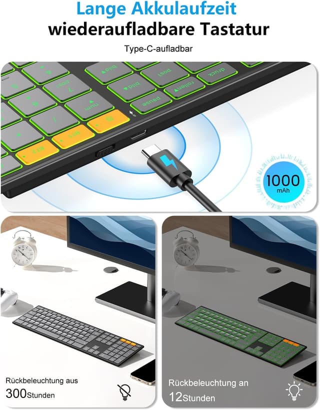 Detalle de OMOTON kabellose Bluetooth-Tastatur mit Metallgehäuse (2,4G + BT), beleuchtet, Multi-Device, deutsches QWERTZ