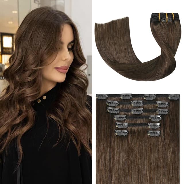 Detalle de UGOTRAYS Medium Brown Clip-In Hair Extensions (Real Human Hair), 7pcs/70g, 18-inch