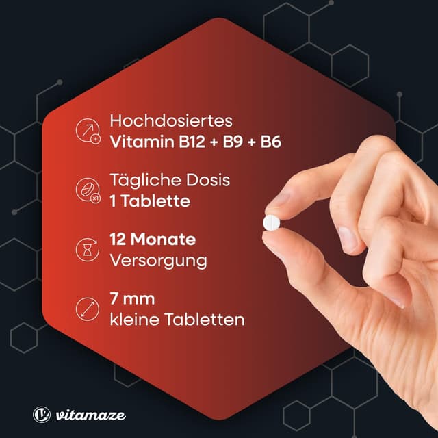 Detalle de Vitamin B12 500 mcg hochdosiert (mit B6 & B9) – 360 Tabletten als Nahrungsergänzung, Made in Germany