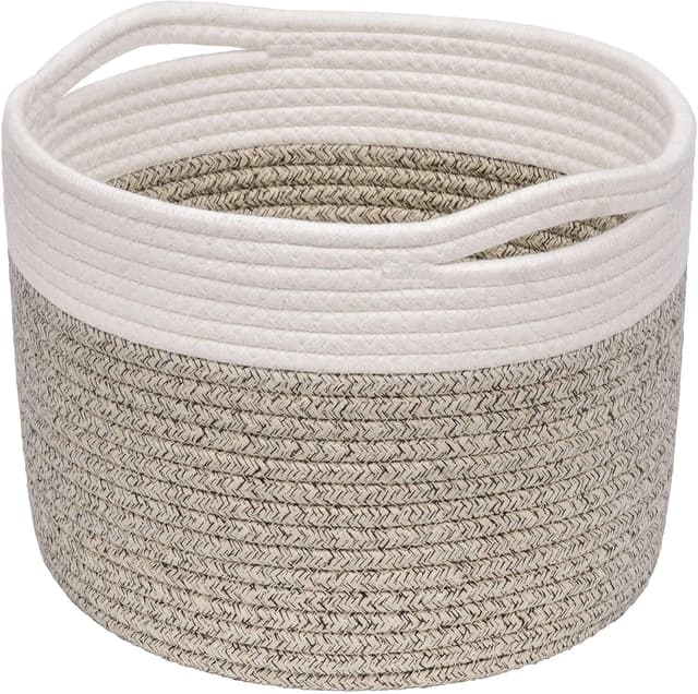 Detalle de TIMEYARD Aufbewahrungskorb für Kinder: geflochtener Korb (24 x 18 cm) in Braun & Weiß