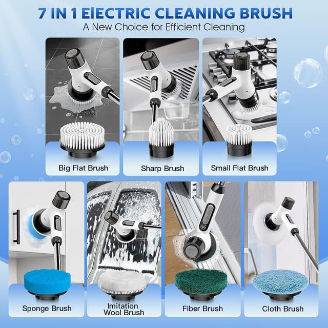 Detalle 1 de FYDEE Electric Spin Scrubber – 7-in-1 cordless cleaning brush with 2 speeds, spray device and IPX7