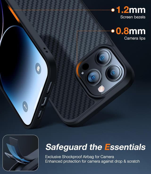 Detalle de Torras Upgraded Stronger Magnetic iPhone 14 Pro Case with MagSafe (Aramid Fiber Back, Black Edge)