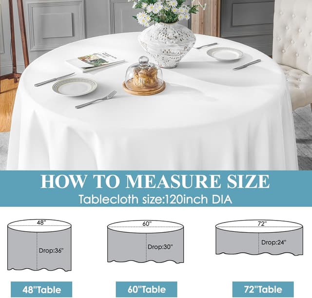 Thumbnail 6 de VidaFete 6-Pack 120-Inch Round Polyester Tablecloth (White) — Stain-Resistant, Wrinkle-Resistant Dining Cover