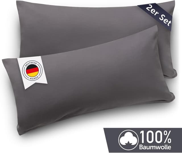 Detalle 2 de Blumtal Kissenbezug 40 x 80 cm (2er-Set) – Grau, 100% Baumwoll-Jersey, mit Reißverschluss