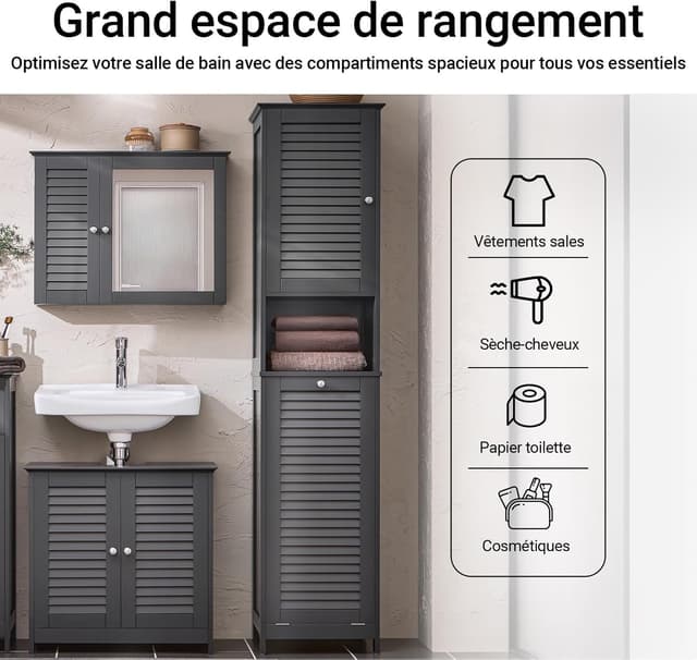 Detalle de SoBuy Meuble colonne avec panier à linge BZR124-DG, armoire étroite pour salle de bain ou WC (gris) 40x170x38 cm