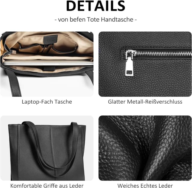Detalle de befen Echtleder Handtasche Damen Groß Shopper mit 14-Zoll-Laptopfach (34 x 13 x 31 cm)