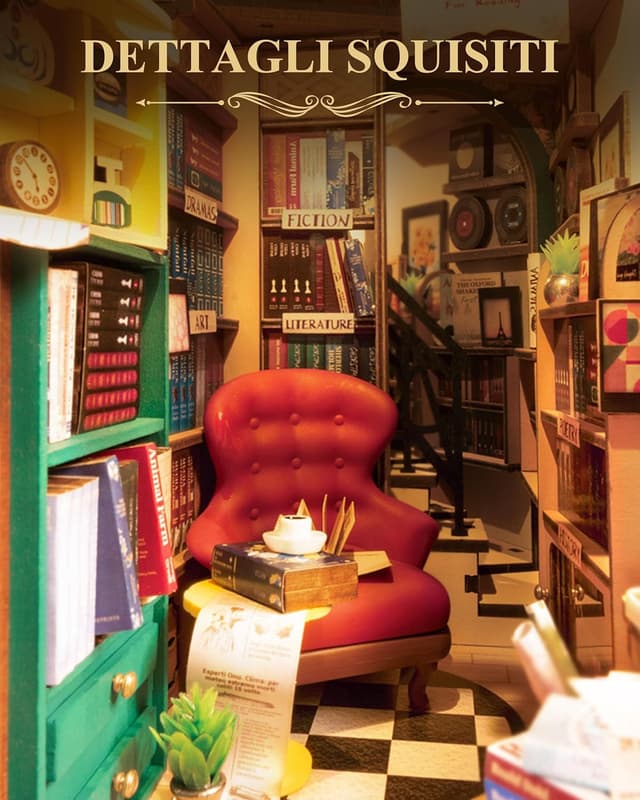 Detalle de Rolife Book Store Kit Book Nook (TGB07) – diorama da scrivania in legno con luce LED e interruttore tattile