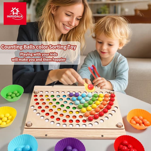 Detalle 2 de INIFEIDALA Toddler Montessori Learning Toy: Rainbow Stacking & Lacing Beads Wooden Peg Board Set