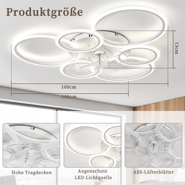 Detalle de MiiR Deckenventilator mit Beleuchtung, LED dimmbar & Fernbedienung – umkehrbarer Motor, 6-Gang (85 W, 6.800 lm), weiß