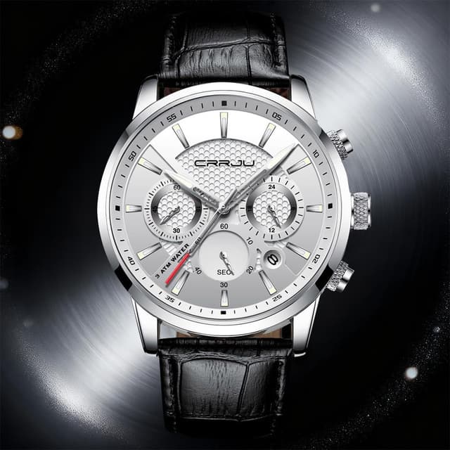 Detalle de CRRJU Herren Chronograph Uhr mit Lederarmband, Analog-Quarz und Datumsanzeige – schwarz